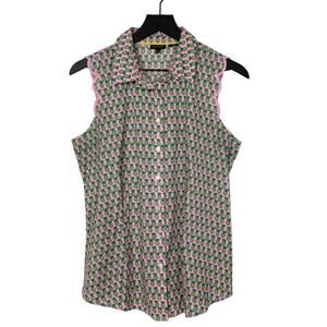 Talbots Pineapple Blouse Pink Yellow‎ Scalloped Sleeveless Top Womens Size 10